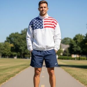 Surf Style Sz L Vintage American Flag White Relaxed Windbreaker